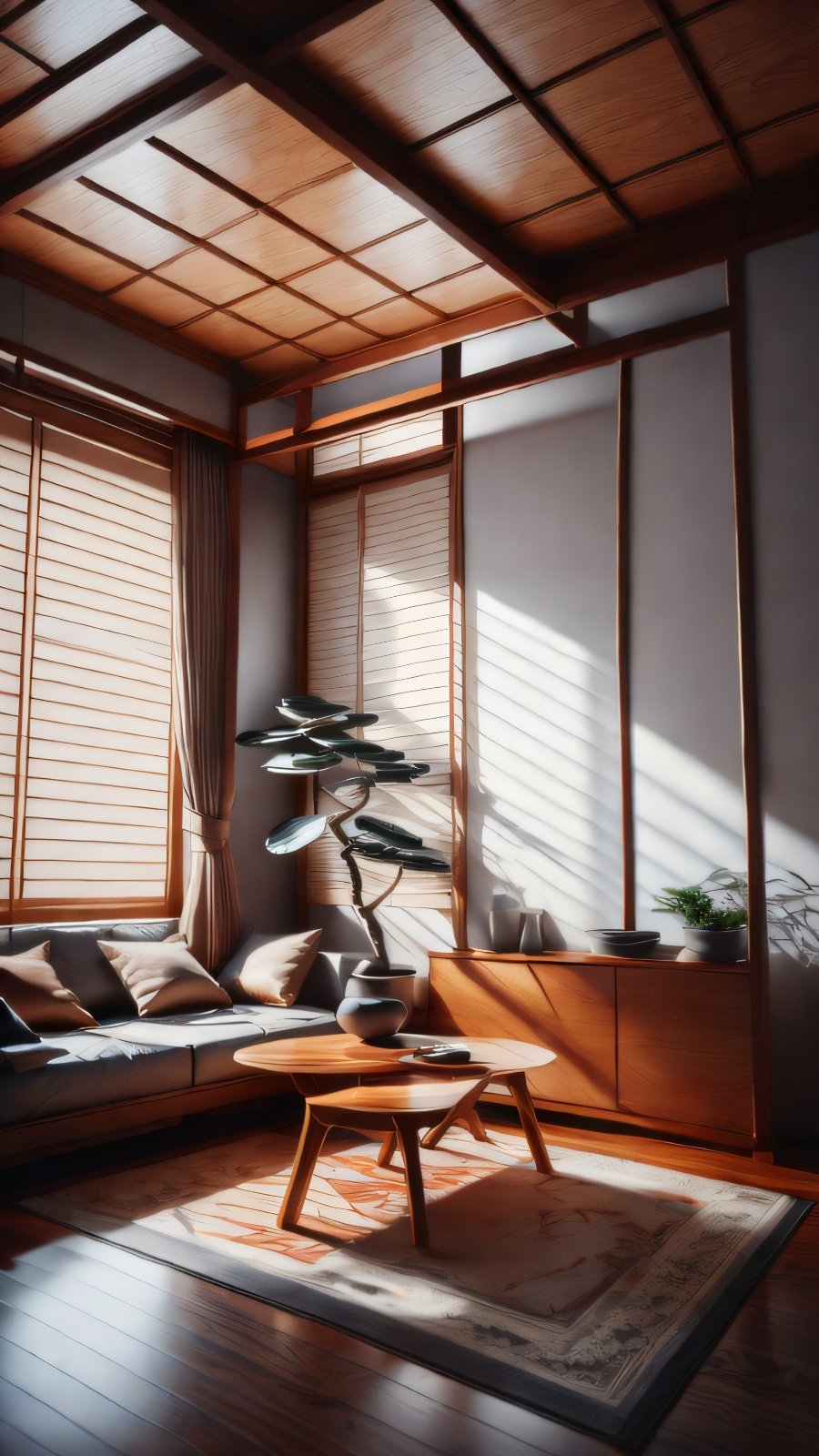 Elegance and Simplicity: Japanese-Style Interior with Minimalist Design and Vibrant Accents