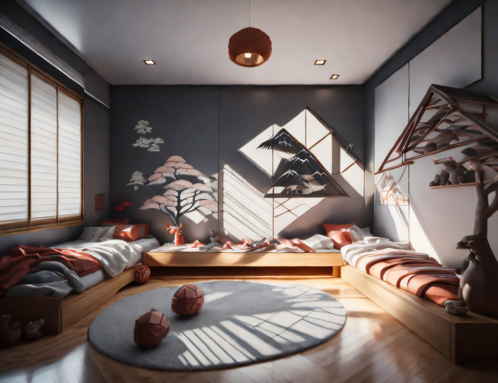Oasis of Peace: A Japanese Style Interior Featuring Traditional Shoji Screens, Stones, and Bonsai