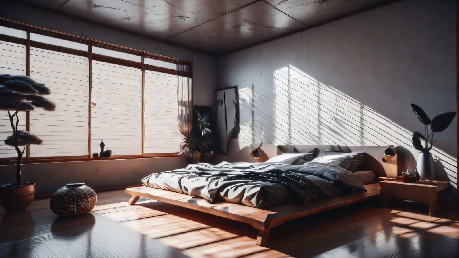 Simplicity and Elegance: Japanese-Style Bedroom Interior with Minimalistic Shapes and Smooth Lines