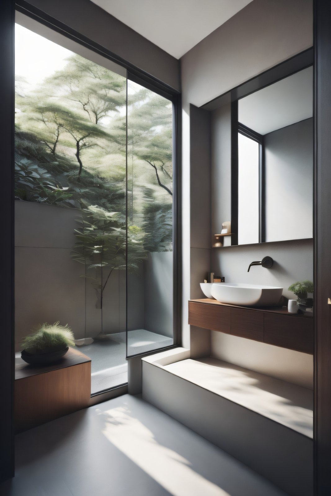 Harmony with Nature: Bathroom Interior in Modern Japanese Style with a Panoramic Window and Natural Light