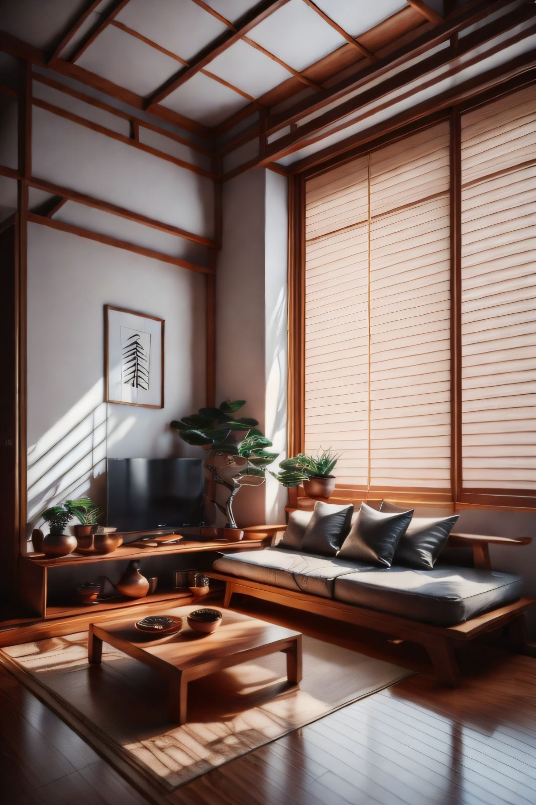 Modern Japanese Art: Interior with Unique Art Objects and Vibrant Accents
