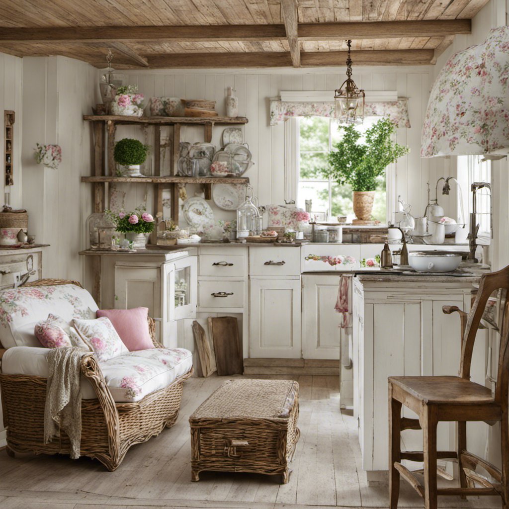 Shabby Chic Kitchen with Porcelain Dishes and Distressed Cabinets